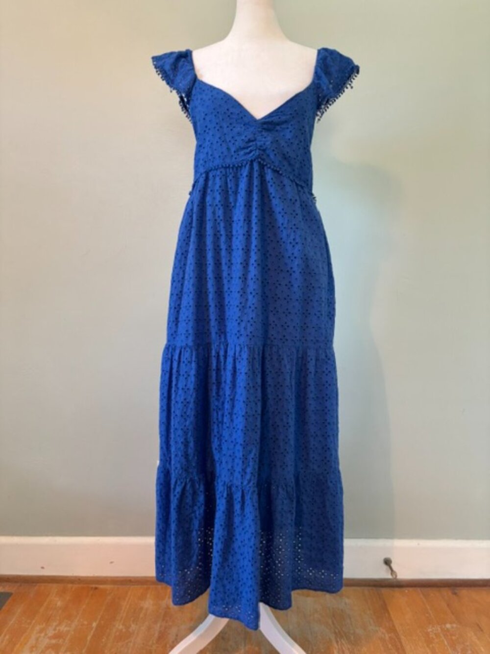 Zara Cobalt Blue Eyelet Tiered Strappy Midi Dress Flutter Cap Sleeves Size Small